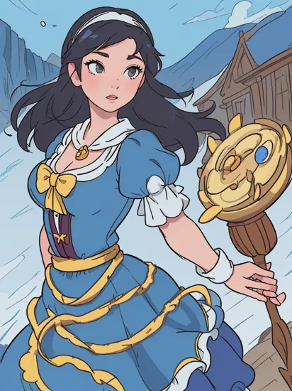 (masterpiece, best quality:1.1), (1girl, solo:1.05), (snow white:1.1), from disney's snow white and the seven dwarfs, medium breasts, blue and white, black hair, yellow and blue dress, jewelry, brown eyes, red hairband, bow, puffy sleeves, looking at viewer, hands on hips, outdoors, night