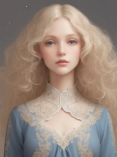 1girl, Masterpiece, best quality, ultra-detailed illustration, (  wearing  Graceful tunic with embroidered details and a flattering silhouette ), Miss, Tall, Slim, Oval Face, Dark Skin, Platinum Blonde Hair, blue Eyes, Straight Nose, Thick Lips, Round Chin, Long Hair, Curly Hair, Loose Curls, firm breasts, , rose matte lipstick, Conceptual Art, flamboyant, Constellation, Aliens, high quality, absurdres, 