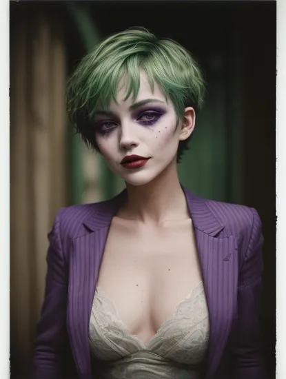 A beautiful woman with short green hair, dressed as the Joker in the iconic purple suit in an abandoned alley, femenine, female jocker, (polaroid photo:1.1)
