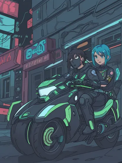 Two people, Cortana and Master Chief riding together on a futuristic bike, (reimagined in a cyberpunk universe), (cyberpunk style), (cyberpunk), augmentation, cybernetics, glowing neon lights, cinematic scene, movie cover, hero view, action pose, masterpiece, best quality, high quality, absurdres, vivid 