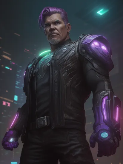 , josh brolin as male thanos marvel character wearing infinity gauntlet, (reimagined in a cyberpunk universe), (cyberpunk style), (cyberpunk), (cyberpunk style thanos armour), (punk hair), (augmentation), (cybernetics), glowing neon lights, cinematic scene, hero view, action pose, beautiful 8k, detailed background, masterpiece, best quality, high quality, absurdres, vivid, detailed skin texture, (neon glow tubes running through the outfit:1.1), (brooding:0.5), (goosebumps:0.5), subsurface scattering,    