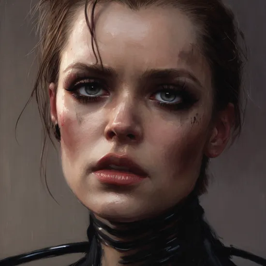 terminator angry,  heavy mascara, smoky eyes, lighting Malcolm Liepke Wayne Barlowe,