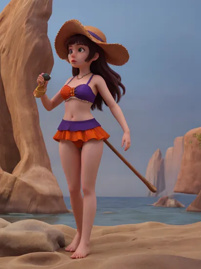 (RAW photo, 4k, masterpiece, high res, extremely intricate), cinematic lighting, surrealism, realistic photograph, a girl standing reminiscing life on the shore of a beach, colossal ocean, wearing a bucket hat, inspired by Sherlock Holmes, open shoulder, dark orange and purple, full body, detailed facial features, detailed character design, close-up intensity, side fill light, silhouette, backlight, god rays, volumetric lighting, (dramatic lighting:1.2)