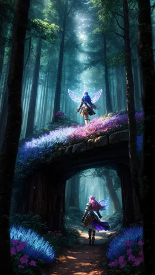 Magical Forest scenery, chronomancer(a female), a time-manipulating mage,clean skin, particles of light, multi color fairy wings, neon multi color hair, soft particles of fractal energy, depth of filed, breath of wild, Lots of flowers around,
masterpiece, perfect anatomy, 32k UHD resolution, best quality, highres, realistic photo, professional photography,cinematic angle, cinematic lights, vibrant, vivid color,highest detailed, whole body from far away, looking at viewer, cowboy shot
