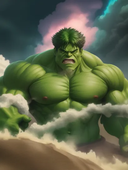 anime artwork the (hulk:1.1) from marvel driving a green pturbo, at a beach city, fog, smoke, high speed, neon lights,explosion,front view, focus on the car, animation, rainbow, candy cotton clouds,  . anime style, key visual, vibrant, studio anime, highly detailed