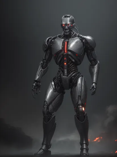 ((A full body  terminator cyborg in future city)). (RAW photo, real life, absurdres, high quality, detailed, realistic:1.3), (solo:1.3), a high resolution photo of a t-800 with intricate details, with red eyes glow and metal shiny skull face and chrome metal body, eyes are red camera lenses. ((metal reflex fire, big flames, fog, smoke and dark background)), cinematic, atmospheric, 4k, realistic lighting, shot by Hassleblad camera, Zeiss lens, 50mm 1.2 lens, Octane Render, ultra realistic, realistic lighting, photorealistic, photorealism, unreal engine, highly detailed, intricate detail, <lyco:terminator:0.6> (((full body))), cracked, broken with lava inside, battle damage, flying aeroships, builds the head or helmet as faithfully as possible to the model,