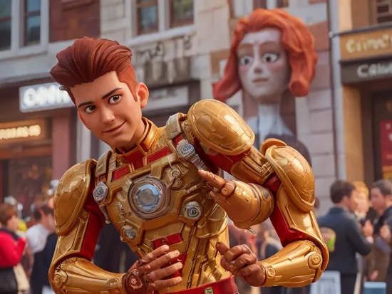 close up, one man wearing an immaculately detailed [red|golden] weird future fashion transparent plastic intricate [iron man:0.1] armor with golden color accents, exposed golden circuitry and embroidery, head visible, with detailed side shaved long punk hairstyle, realistic skin texture, smirking, extremely detailed face, brown eyes, standing next to a crowded new york city street parade celebration, , cinematic photography, low contrast, overcast, hdr, raw photograph