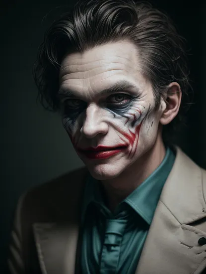 Joker risen from the ashes, sparks, 8k, hd, contour light, high contrast, depth of field, ultra detail, photorealism, cinematography, gigantism, from the first person, lots of details, dark tone, bokeh, epic frame, super realistic texture, by Alessio Albi