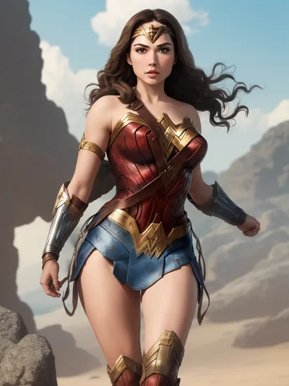 (Wonder Woman), (((solo))), Perfect and very beautiful face, magnificent sky sunshine background with rocks, dramatic, gorgeous, good anatomy, good proportions, hero pose, award winning, masterpiece, volumetric lighting, centered, (realistic photo),