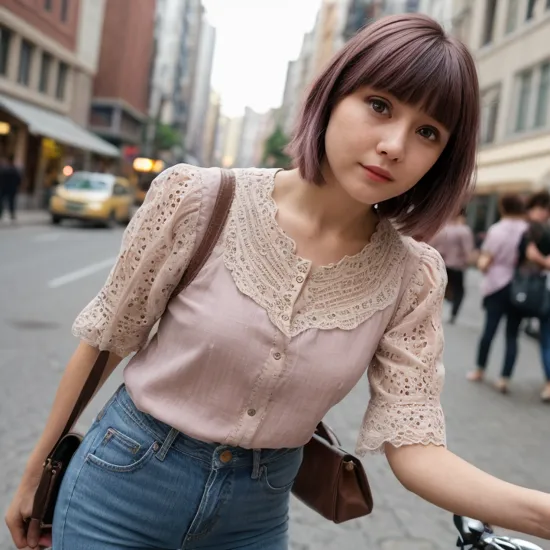 woman, Short mauve pixie with long bangs hairstyle, wearing Eyelet lace blouse and jeans, Mocking facial expression, A vibrant urban street photography exhibition, showcasing the works of local street photographers capturing the essence of city life, <clip:skip:2>, masterpiece, 8k, high resolution, shallow depth of field, sharp focus