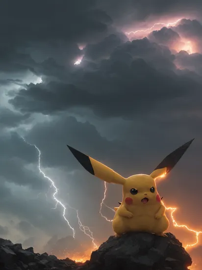 Angry Pikachu, unleashing a powerful lightning attack, lightning bolts surging throughout Pikachu's aura, intensity:2.4, tenacious attitude, cinematic, intricate details, 32K, UHD, HDR, ultra-realism, action background (heavy damage and debris), ultra-detailed, 32k, intricate, cinematic composition, IMAX, stunning image, trending, amazing art, cinematic color grade, dramatic lighting