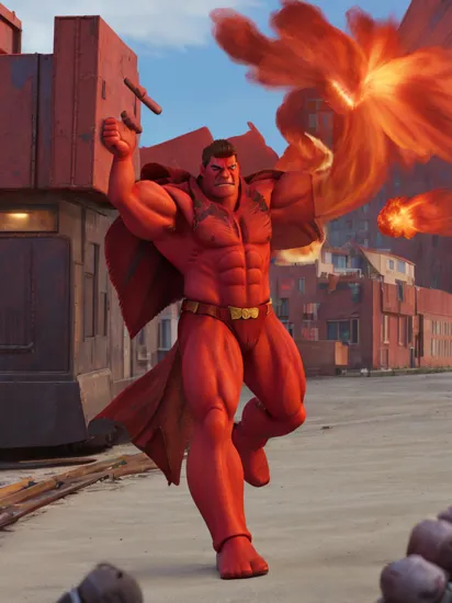 (super size Red Hulk),high resolution,HD,very realistic,explosion,city,street,aircraft,man focus,huge cape,(look at viewer),prefect heavy metal armor,metal skin,robot,