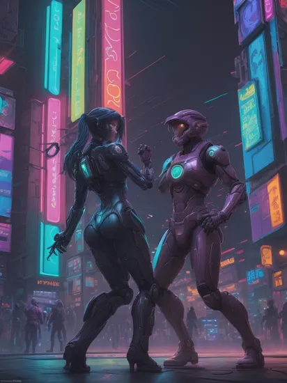 concept art Two people, Cortana and Master Chief dancing together in a colorful cyberpunk city, cityscape, cyberpunk style, glowing neon light, detailed background, masterpiece, best quality, high quality, absurdres, vivid  . digital artwork, illustrative, painterly, matte painting, highly detailed