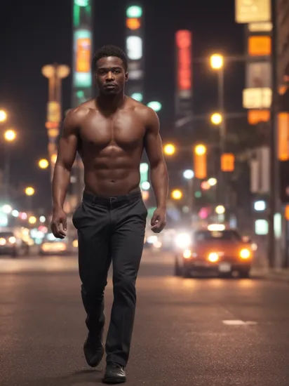 As the night's heatwave leaves him shirtless, a strong black male strides confidently across the street. The weight of losing his job weighs heavily on his mind, driving him to run day and night in search of a new opportunity. The city lights blur into a blur of colors as he moves, a symbol of the fast-paced world he must navigate. effects following] Ultimate realistic professional RAW photograph, mid-body shot, cowboy shot, ultra realistic street photography, city alive with multiple long-exposures, blurred headlights and tail lights of cars, ACES 1.2, physically correct, anatomically correct, slope mapping:0.6, Global RGB Color Correction, color grading LUT_reddish