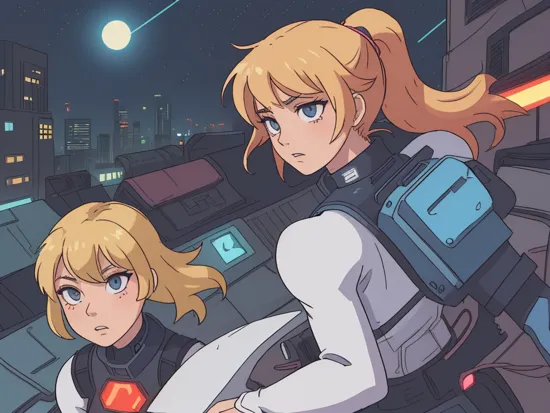 90s anime cinema movie style 16 by 9, photographic lighting with heavy shadows,
sexy samus aran as a futuristic cyberpunk (soldier:0.9), with a blonde ponytail, wearing a tight bodysuit with (armor:1.1), (on a (rooftop)), ((aiming) with a black sniper rifle:1.1)
detailed face, bright eyes, focused expression, (wind in hair:1.2)
background is a cybertech (city at night:1.2), (neon lights:1.3)
sideview, cowboy shot, depth of field, face focus, blur, bloom, (camera lens flare effect:1.2),, film grain
     