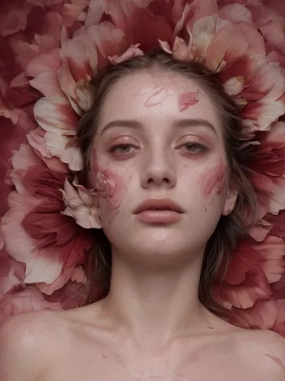 Artistic portrait, (half-submerged in petals:1.3), (crimson flora adorning head:1.4), petals cascading down (bare shoulders:1.2), (marbled skin texture:1.1), (serene countenance:1.2), (rose-tinted palette:1.3), (tilted gaze upward:1.1), dark grey background, (conceptual artistry:1.3), dramatic lighting, (fusion of nature and humanity:1.4),  world photographic masterpiece, cinematic realistic,