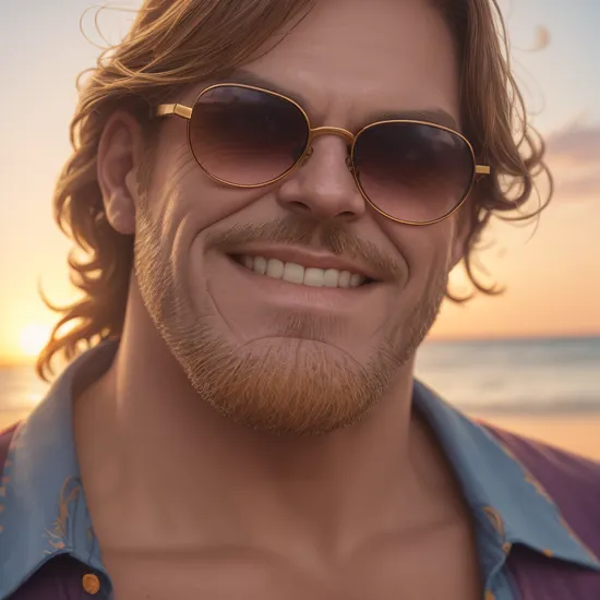 Thanos1024, a man, close up face portrait, wears sunglasses and a hippy blouse, smile, beach, sunset, highly detailed , photography, ultra sharp, film, bokeh, professional, 4k    