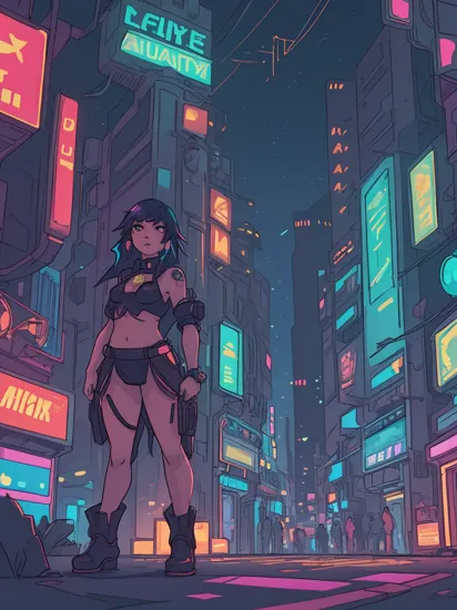  (jasmine:1.1) standing in (Cyberpunk City:1.2), mesmerizing cityscape, (neon lights:1.2), awe!, masterpiece, nighttime,    low light, low key,