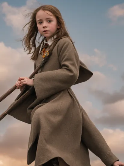 1girl, solo focus, child, light freckles, (9 year old), a young girl (riding a broomstick) at hogwarts, sitting on broom, flying a broom in the sky, hermione granger,  