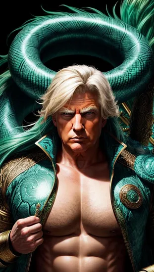 Serpentine allure, (turquoise hair), ((charismatic male Donald Trump)), coiled dragon, enchanting green eyes, (intricate scales), mystical jewelry, (presence of charm), verdant glow.
