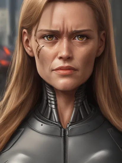 terminator woman, damaged face hyper realistic, highly defined, highly detailed