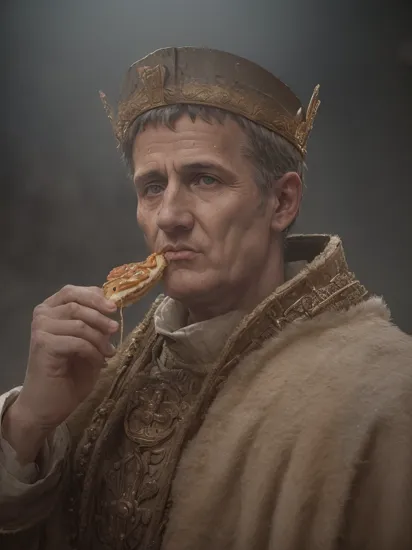 photo RAW,(Roman Emperor Julius Caesar eating a Big Mac,crown on head, high quality textures of materials, volumetric textures, coating textures, metal textures, dusty atmospheric haze,Realistic, realism, hd, 35mm photograph, 8k), masterpiece, award winning photography, natural light, perfect composition, high detail, hyper realistic