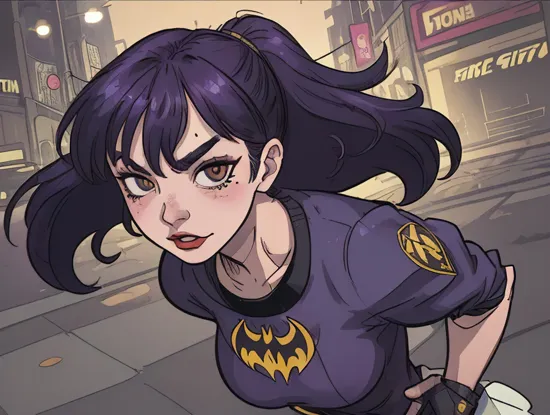 Batgirl, serious face,  running after The Joker  in the Street of Gotham City at night, by Clyde Caldwell,  By Robert McGinnis, by Brian M. Viveros, (detailed face), by (Carolina Herrera)