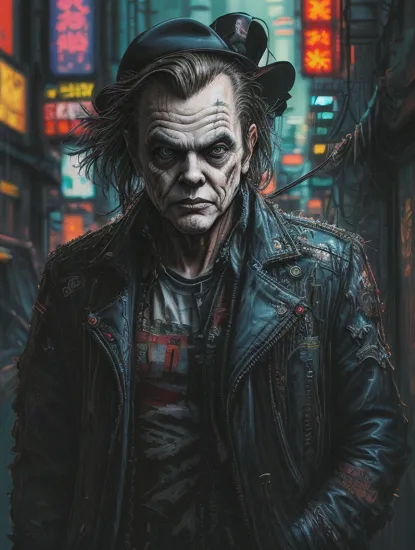aesthetic, figurative, style mix of acrylic painting, watercolor, oil painting, photography, digital art, brush strokes, a (((cyberpunk))) Jack Nicholson as the joker, fedora, highly detailed, cybernetics, symbiote,cables, wires, mechanoid, cyborg, full body, ultra detailed, very intricate, low poly, abstract surreal, niji style, graffiti style, comics style, anime style