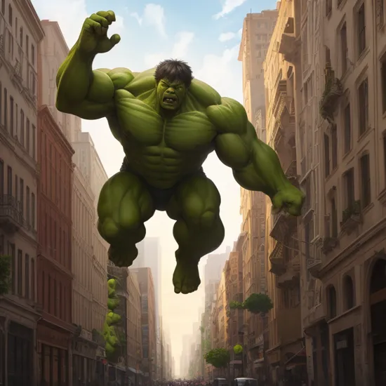 hulk, photorealistic full-body shot, leaping through the air, streets, day, dynamic composition with intricate details, masterpiece, absurdres, best quality, realistic 