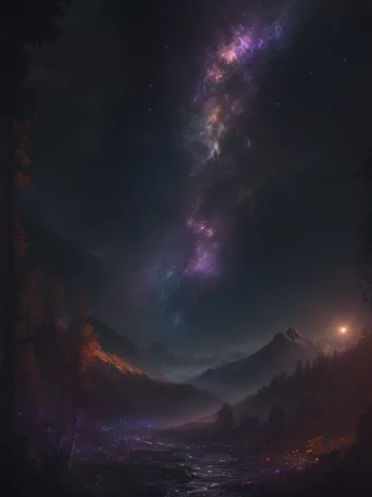 (dark theme:0.9), extensive landscape photography, (bottom view showing sky above and open field below), (full moon:1.2), (shooting stars:0.9), (nebula:1.3), distant mountain, tree BREAK production art, (warm light source:1.2), (Firefly:1.2), lamp, lots of purple and orange, complex details, volumetric lighting, realism BREAK (masterpiece:1.2), (best quality), 4k, ultra-detailed, (dynamic composition:1.4), highly detailed , colorful details, (rainbow colors:1.2), (glowing lighting, atmospheric lighting), dreamy, magical, (solo: 1.2), (hdr:1.22), muted colors, complex background, hyperrealism, hyperdetailed, amandine van ray