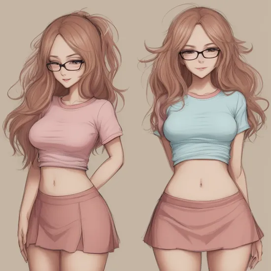 Conceptual Art of T-shirt logo design of a lewd lady with long messy hair, wearing glasses and tight skirt with pantyhose, nose blush, half-closed eyes, open mouth, front view, solo, colorful, sfw , concept art