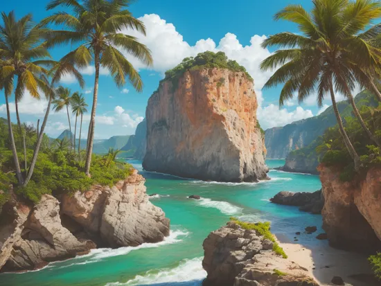Landscape photography, River with cliffs on each side, tropical, palm trees, sunny, raining, HD, 4k, 8k, masterpiece,  high quality,  best quality,