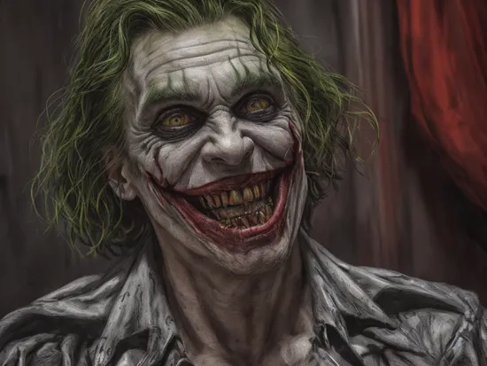 Horror-themed ((best quality)),((masterpiece)),((realistic,digital art)),(hyper detailed),the joker in arkham asylum,radioactive goo on the walls,evil,sinister,closeup,captivating eyes reflect the pain of being alive,evil smile,bold colors,deep shadows,dynamic lighting, . Eerie, unsettling, dark, spooky, suspenseful, grim, highly detailed