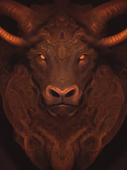 close-up portrait, symmetrical, demon god, detailed portrait, taurus, minotaur, trippy, high detailed, creepy bull god, hindu, hyperdetailed, psychedelic, centered, symmetry, painted, intricate, volumetric lighting, beautiful, rich deep colors masterpiece, sharp focus, ultra detailed, in the style of dan mumford and marc simonetti, astrophotography, zodiac, astrology, stars on background