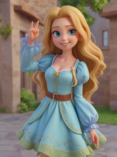rapunzel, 1girl, long hair, breasts, looking at viewer, smile, blonde hair, long sleeves, dress, cleavage, large breasts (bursting out of dress), closed mouth, green eyes, collarbone, puffy sleeves, juliet sleeves, purple dress, selfie, (best quality), (ultra detailed), (8k, 4k, intricate),(full-body-shot:1), (highly detailed:1.2),(detailed face:1.2),(detailed background),detailed landscape, (dynamic angle:1.2), (dynamic pose:1.2), 3d, animation, disney, ((perfect eyes))