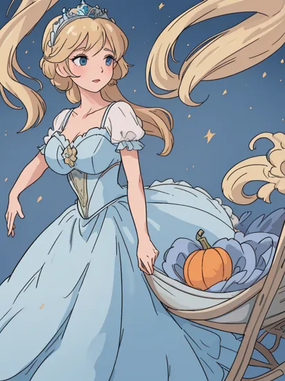 Highly detailed, professional 4k portrait of Cinderella as an adult woman. Cinderella displays a serene and graceful expression, embodying both resilience and gentleness. Her signature blonde hair is styled elegantly, complementing her exquisite blue gown, which is detailed with shimmering textures and delicate fabrics. The background subtly hints at her magical transformation, with soft, ethereal lighting and a hint of the enchanted pumpkin carriage.