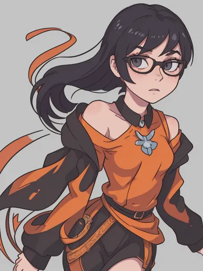 professional portrait,goth girl,velma from scooby-doo,a girl wearing eye glasses and an orange top,gorgeous figure,interesting shapes,hyper realistic,ultra detailed photograph,wearing an off shoulder slim sweter,detailed gorgeous face,natural body posture,freckles,goth style mood,dark eye makeup, 
(quality{[intricate_insane_exponential_details_8k_resolution_volumetric_lighting_depth_of_field_FullFrame_36x24mm_Nikon_D850_sensor_grain_texture]}),
(composition{[.707_trigonometric_discretization_scalar*1.618033988749895âlighting_angle_quantization_color_reflection_modeling_aesthetic_spacing_principles*scene_structure]}),