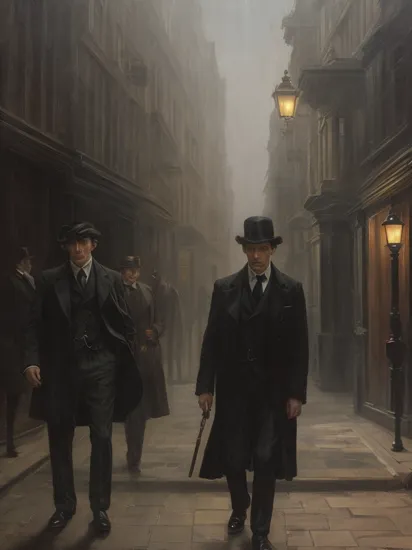 Sherlock Holmes, moody, anticipation, somber, expressive, haze, Caravaggio lighting, in the style of Dean Cornwell, JC Leyendecker, sketch, pulp, volumetric lighting, dramatic lighting, chromatic lens, black, Triadic colors, space, silhouette, double exposurel, London streets, Victorian era