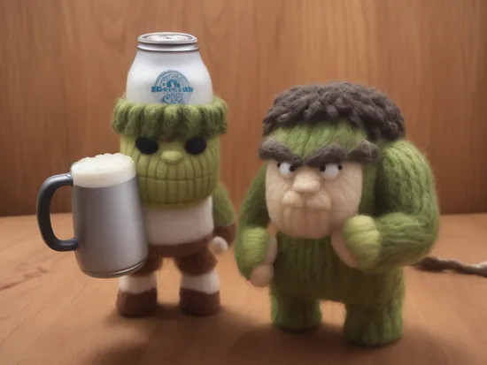 miniwool style of Hulk sad drinking a beer, made of wool, product photo, centered, cute, mini