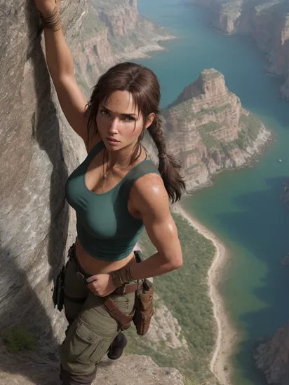 hdr, a candid photo of lara croft, wearing a teal tanktop, brown cargo pants, holsters, looking intense, heavy breathing, blush, sweat, climbing, cliff, extremely high up, ground background, from_above,  high angle shot, natural lighting, wonderous ambience,  