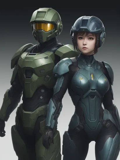 [halo master chief and Cortana as a  hologram, blue skin , avatar, bodypaint, action packed, dynamic, fast motion :cyberpunk:9][, military green armour :5] [, golden visor:10][two people ,1boy, 1girl:10][, female wearing dark deep blue amour:8][, halo master chief Mjolnir Mark VI helmet:5] [master chief is clenching fist:20 ]