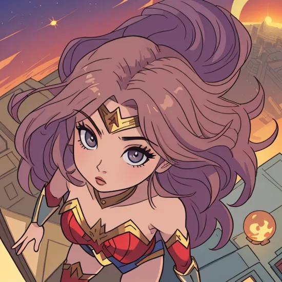 an origami style   myriamfares as wonder woman, standing on a rooftop, sunset , , perfect eyes, perfect pupils, perfect iris