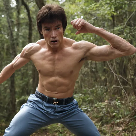 [Bruce Lee from Fist of Fury:Schwarzenegger from Terminator: 25], full body, aggressive, close up, looking forward,  edge of forest, cinematic shoot, soft blue light
