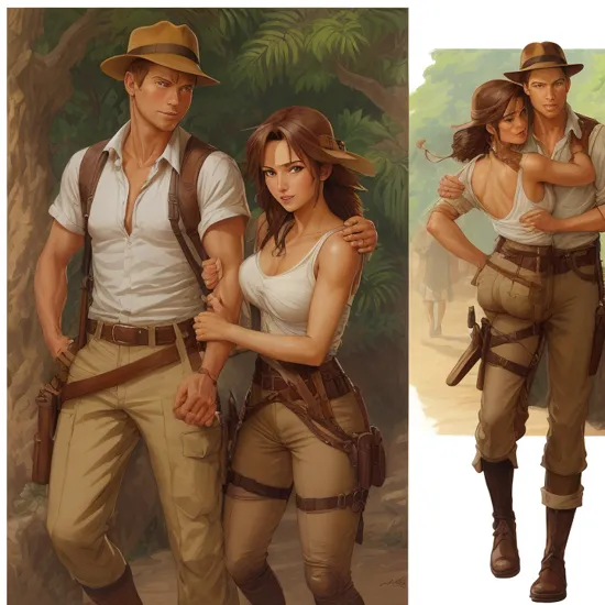 Anime Artwork,  Indiana Jones hugging Lara Croft,  art by J.C. Leyendecker