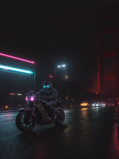 neon noir Danbo as the terminator t800 driving a pocketbike PS50, in san francisco, golden gate bridge, nighttime . cyberpunk, dark, rainy streets, neon signs, high contrast, low light, vibrant, highly detailed