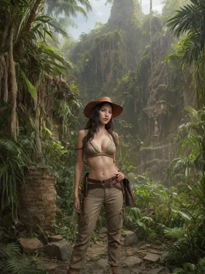 photo of (MeiyuCipher:0.99), a woman as a sexy adventurer, (wearing Indiana Jones outfit:1.2), (trousers), (hat), (inside some ruins in the jungle:1.1), modelshoot style, (extremely detailed CG unity 8k wallpaper), photo of the most beautiful artwork in the world, professional majestic oil painting by Ed Blinkey, Atey Ghailan, Studio Ghibli, by Jeremy Mann, Greg Manchess, Antonio Moro, trending on ArtStation, trending on CGSociety, Intricate, High Detail, (Sharp focus:1.1), dramatic, photorealistic painting art by midjourney and greg rutkowski, ((looking at viewer:1.2)), (detailed pupils:1.3), (ruins), (jungle in the background), (grin 512:1.1)