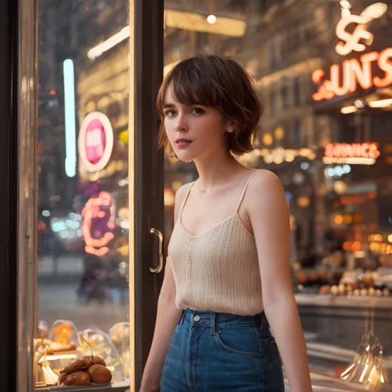 Street photography photo of a stylish French girl  winonaryder with a cute pixie cut, capturing her reflection in a storefront while window-shopping, upper body framing, on a quaint Parisian street, with neon lighting from shop signs, shot from a high angle, on a Sony A7111,   with a (bokeh effect:1.3),(in the style of Liam Wong:1.4) 