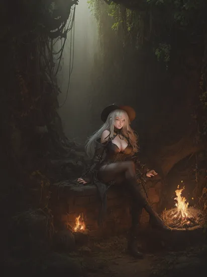 1girl, black_lobelia, long hair, white hair, heterochromia, dress, see-through, cap, leotard, thighhigh boots, collarbone, cleavage, beautiful detailed pupils , portrait, solo, half shot, detailed background, detailed face, (, AbsinthePunkAI theme:1.1), adventurer, sitting at campfire, dynamic pose, rugged  frayed leather clothes,  indiana jones hat,  rope, holster,    (leather pouches:0.4), flaming torch, (derelict:0.7) dark underground mine tunnels background, vines,  mold,   dark cinematic atmosphere, occult,   , (nsfw), , , ((masterpiece)), (best quality), 8k, ultra-detailed, absurdress IVE detailed environment, style of charlie bowater, kelly mckernan, masamune shirow, takashi murakami, unique perspective, best selling, pixiv, volumetric lighting