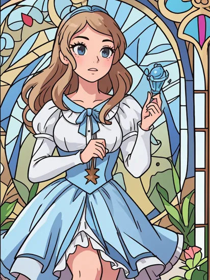 highly detailed, sharp features, detailed face, highest quality, masterpiece, Stained Glass Window style, Disney's Cinderella, 