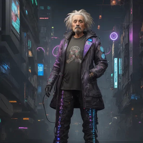 full body photo portrait of cyberpunk  cybernetic old Albert einstein, cyberpunk netrunner, wires from his  head, chromium eyes, atomic symbol hologram floating in the air, cyberbody linked to a gigantic computer    